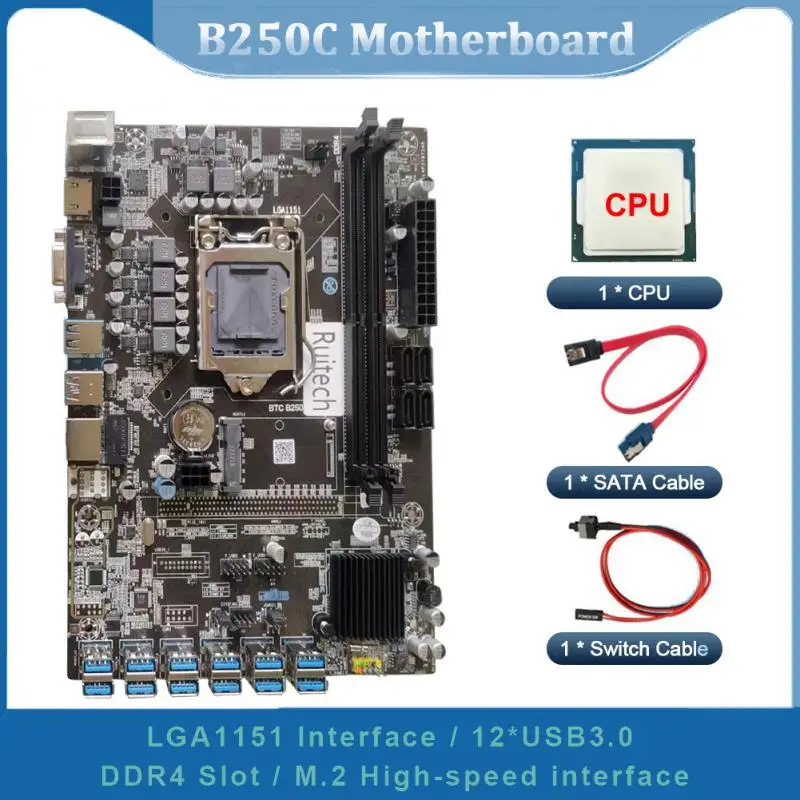 

Материнская плата B250C для майнинга BTC с процессором G3900 + DDR4 4 Гб 2666 МГц ОЗУ 12xpcie на USB3.0 слот для карты LGA1151 для майнинга BTC