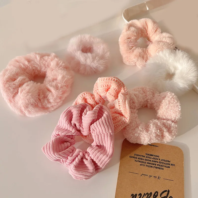 

Sweet Pink Series Scrunchies Fluffy Plush Elastics Hair Bands Korean Velvet Ponytail Holder Winter Rubber Bands Hair Accessories
