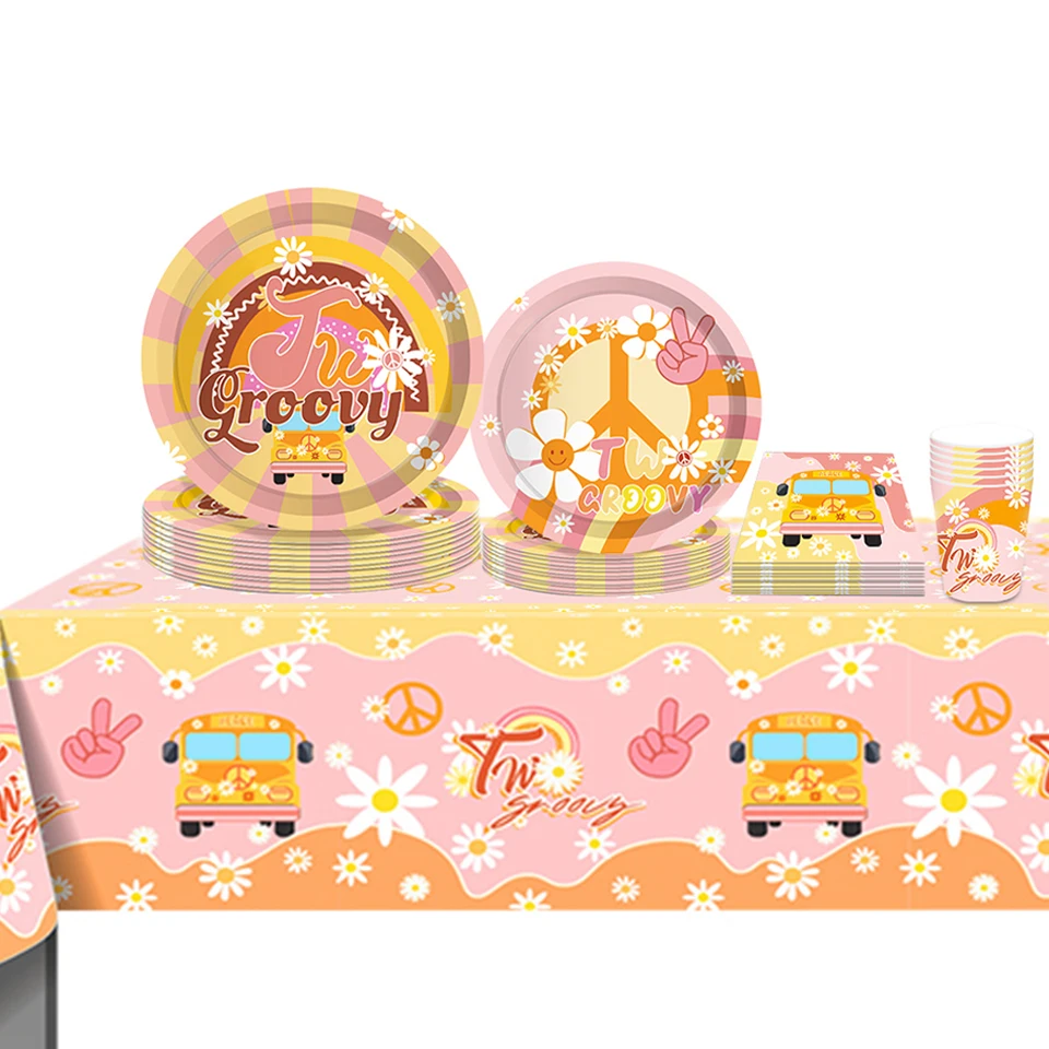 

1SET Hippie Two Groovy Flower Bus Paper Plates Cups Disposable Tableware For Kids Bohemian Birthday Party Decorations Supplies