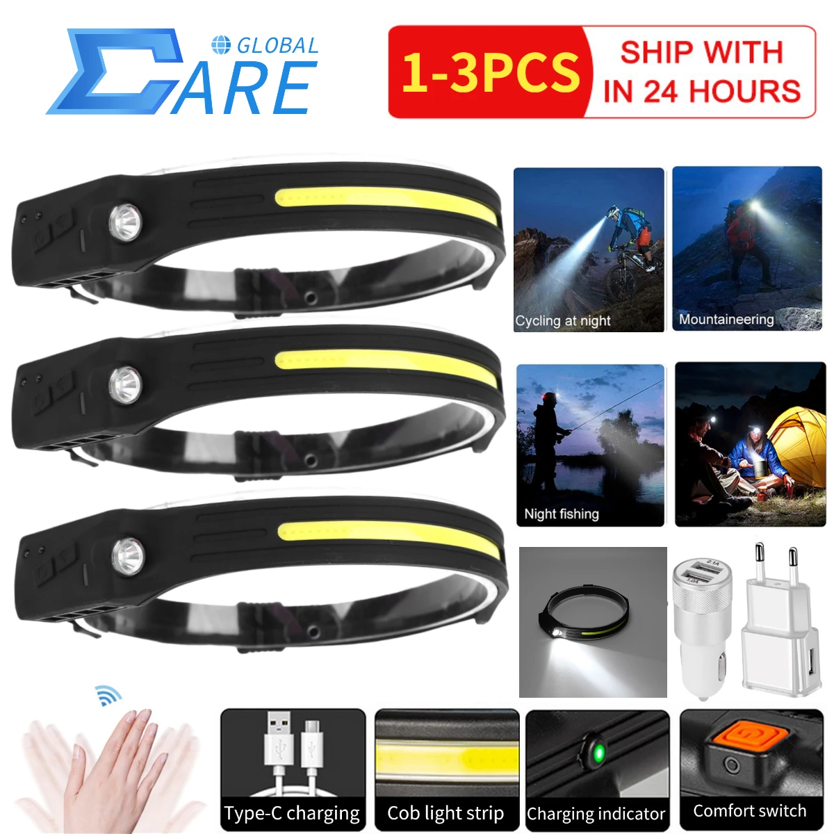 

1-3PCS COB LED Headlamp USB Rechargable Flashlight 4 Lighting Modes Head Torch Outdoor Hiking Fishing Work Light Camping Lantern