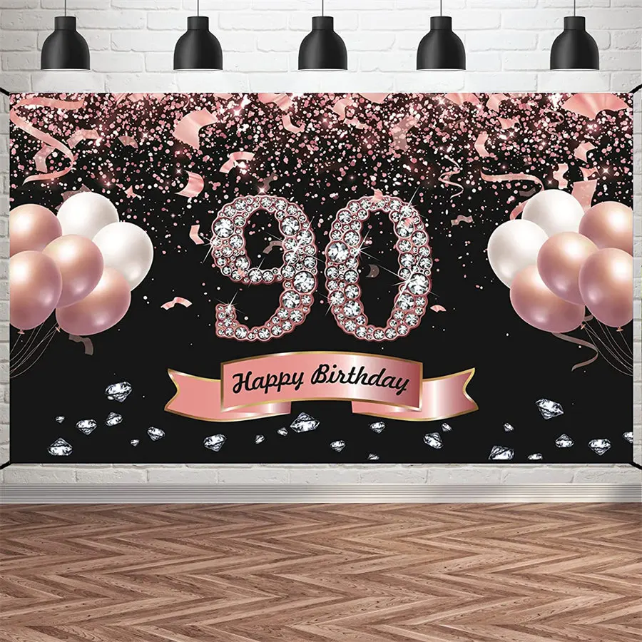 

Happy 90th Birthday Backdrop Party Banner Poster 90 Years Old Decor Booth Pink Rose Gold Balloon Sequin Background for Women Men