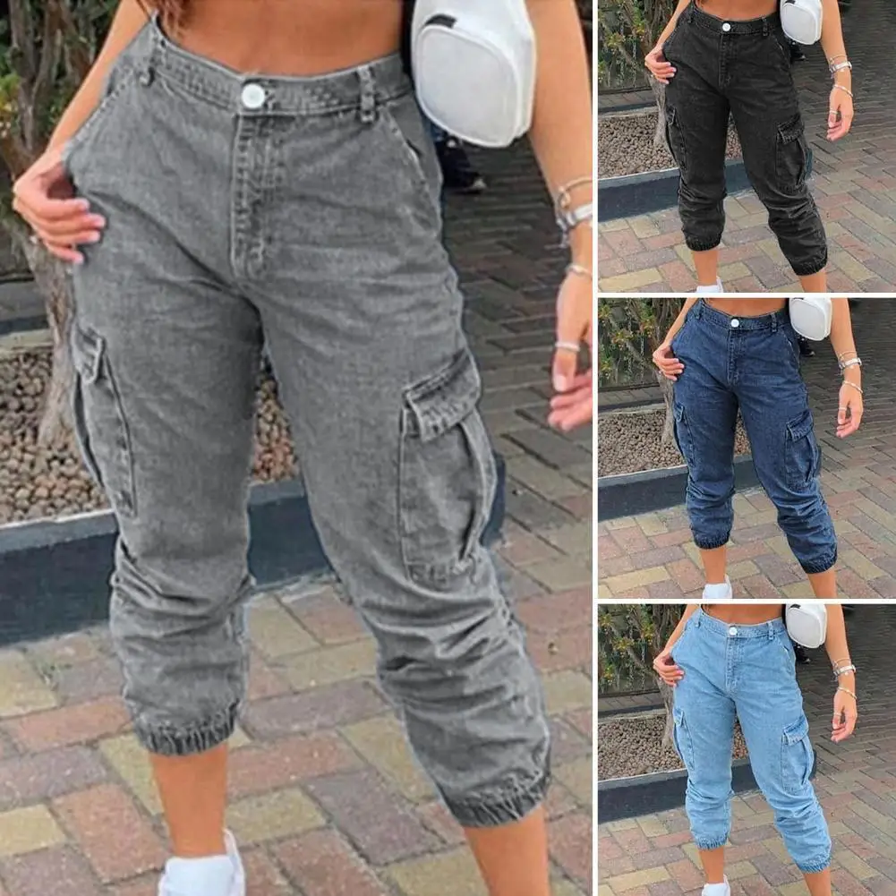 

Women Pants High Waist Trousers Solid Color Casual Lady Zip Up Lady Jeans Summer Ninth Jeans Ninth
