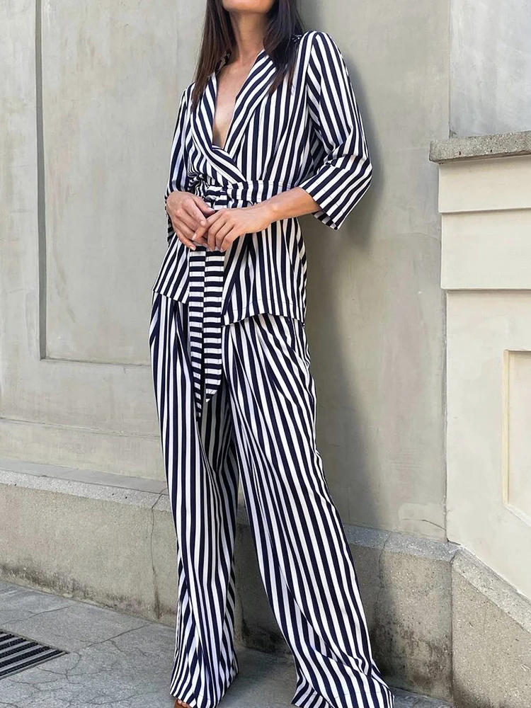 

Пижама Linad Женская в полоску, комплект из 2 предметов, свободная Пижама с рукавом три четверти, повседневный брючный костюм с поясом, на лето