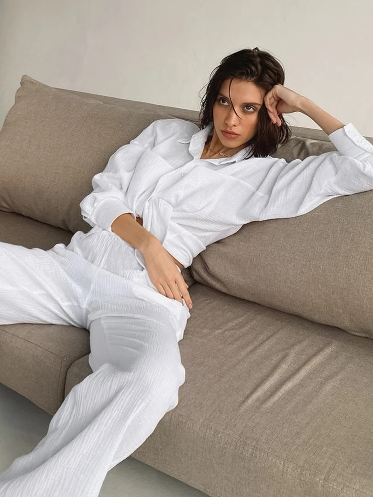 Restve Cotton Women's Nightwear White 2 Piece Sets Long Sleeve Sleepwear Female Casual Trouser Suits Loose Pajamas Winter 2022