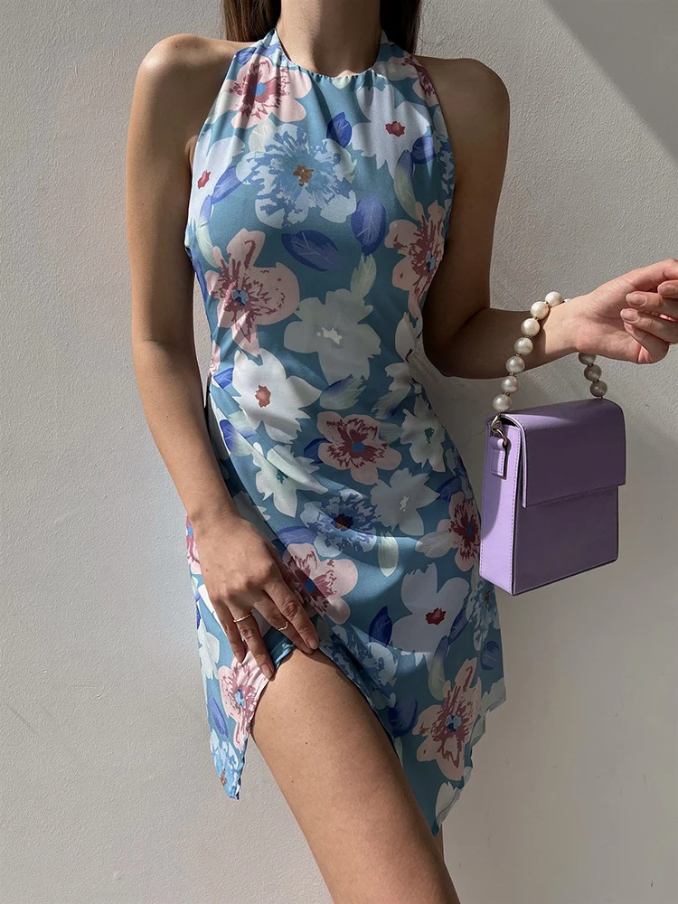 

Sexy Sleeveless Floral Beach Party Dress Women 2022 Summer Elegant O-neck A-line Robe Lace-up Backless Irregular Blue Dresses