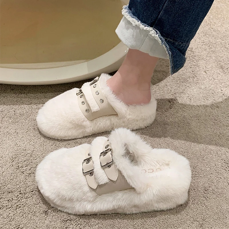 

Женские меховые тапочки с закрытым носком, плоские тапочки, зимняя обувь из флока на платформе и среднем плюше, 2022 Резина