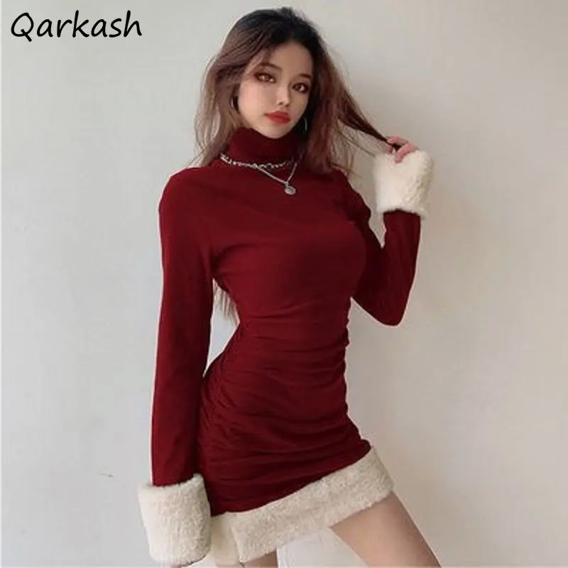 

Christmas Dresses Women Turtleneck Sexy Hotsweet Red European Stylish Mini Vestidos Clothes Winter Design Streetwear Girlish Ins