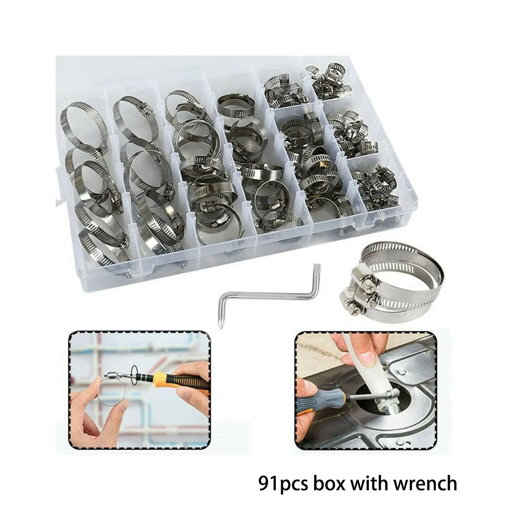 

91 Pieces Set Hose Clamps Kit with Wrench Replacement Part Clips Maintenance