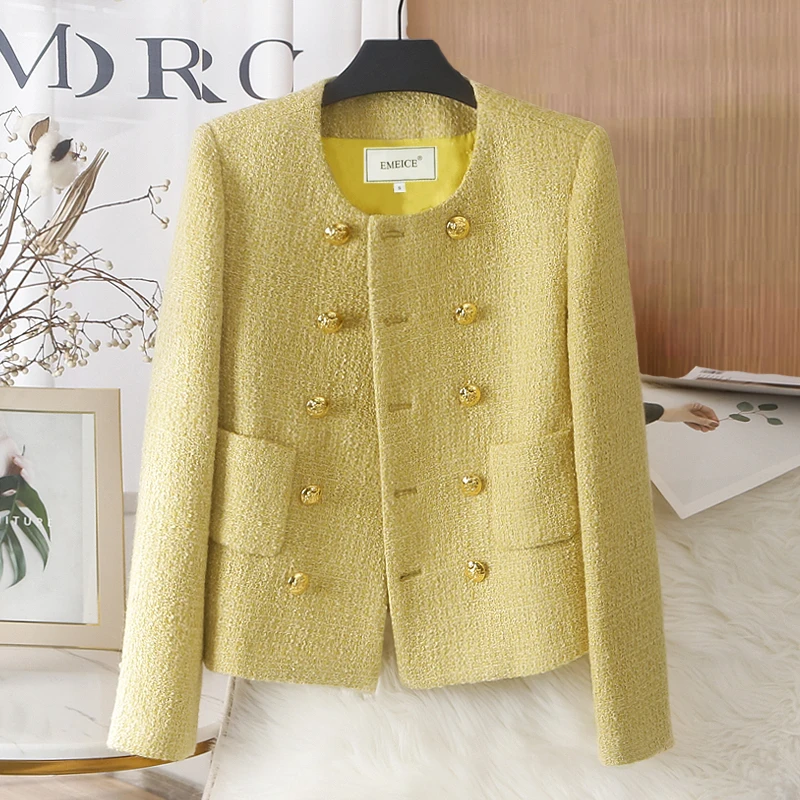 Autumn Winter Luxury Yellow Tweed Jacket Women Retro Elegant Double Breasted Woolen Basic Coat Outerwear Top Chaquetas Mujer