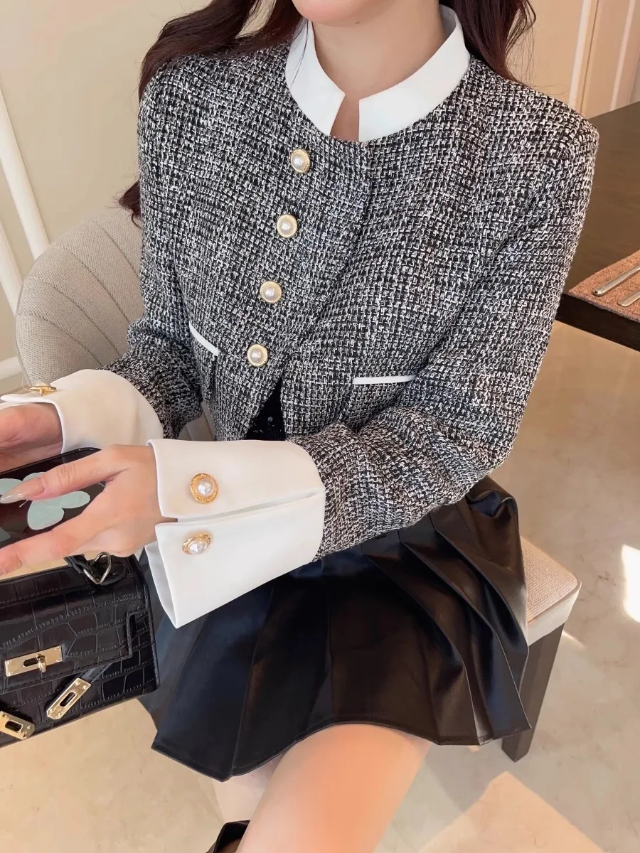 Женская короткая куртка из твида свободная и модная контрастных цветов для