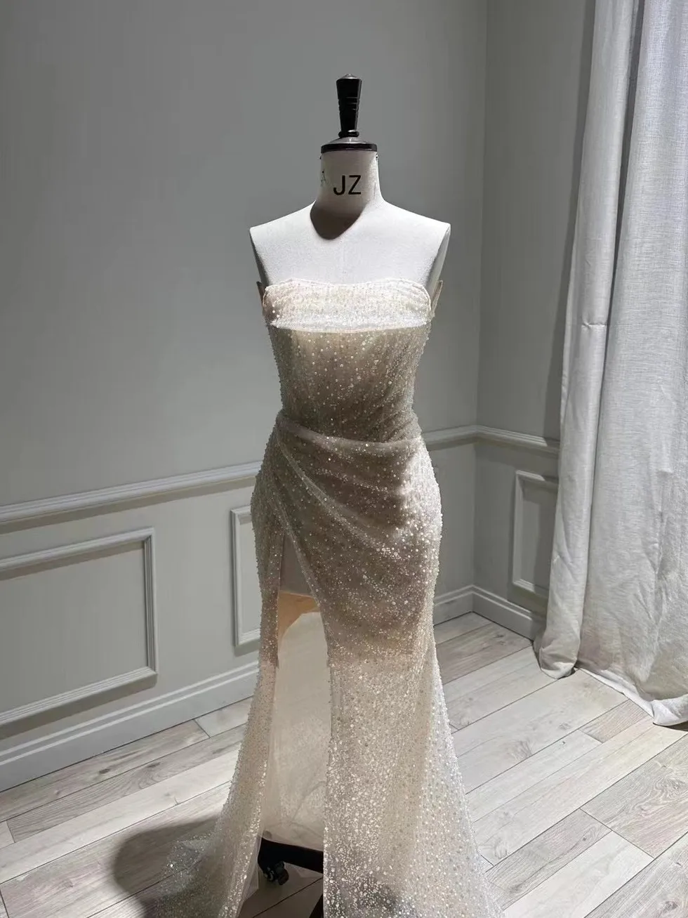 

Real Photos Shiny Mermaid Evening Dresses Off the Shoulder Sleeveless with Slit Cocktail Party Dress Floor-Length