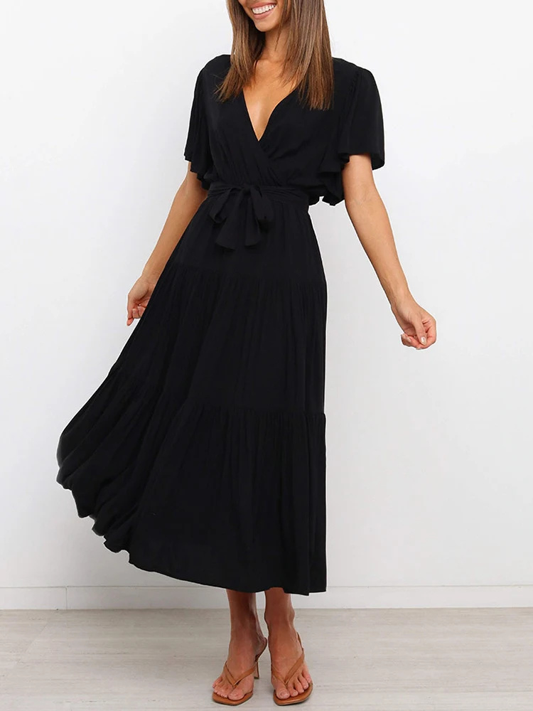 

Женское платье с V-образным вырезом, однотонное вечернее платье с рукавом в виде листьев лотоса, Элегантное Длинное платье с поясом, весна-ле...