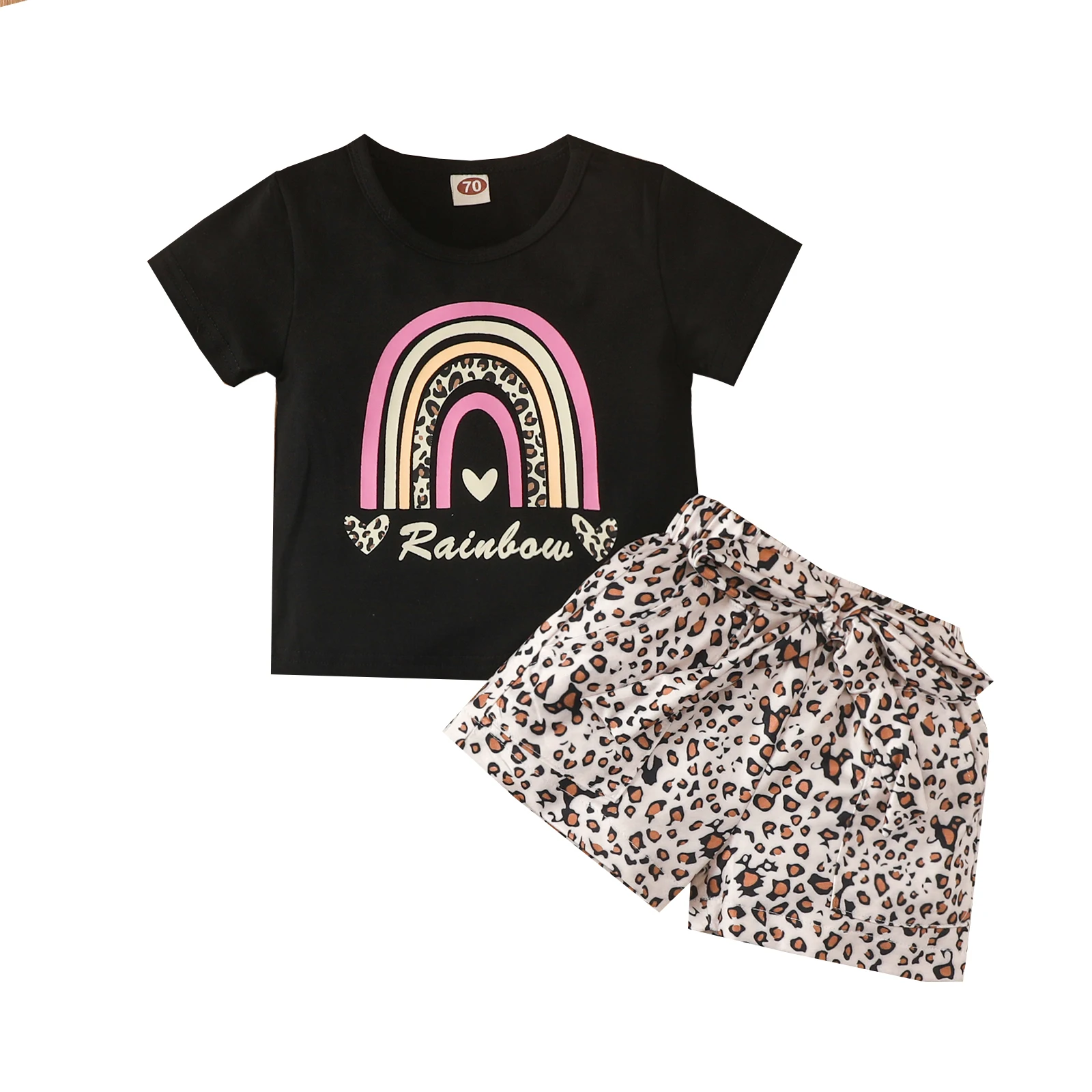 

Infant Baby Kid Girls Shorts Set, Short Sleeve Rainbow T-shirt with Leopard Print Shorts Summer Casual Outfit 6M-4T