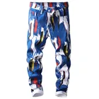 Мужские модные облегающие джинсы с 3D рисунком, синие и белые эластичные джинсовые брюки с цветами для подростков