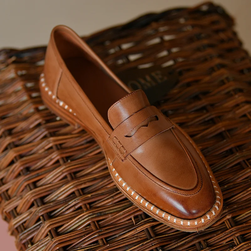 Women‘s Flats Cowhide Flat Shoes Vintage Casual Loafers Spring  Autumn Slip On Women Simple Shoes Round Toe Daily Quality Flats