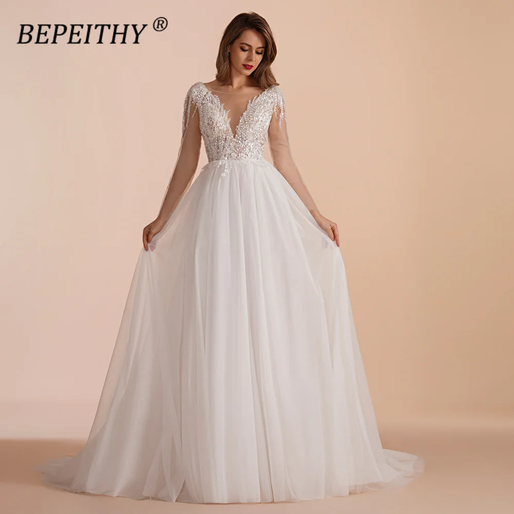

BEPEITHY Ivory Scoop Long Sleeves Beading Bodice Wedding Dresses 2023 For Women Bride A Line Floor Length Bridal Party Gown