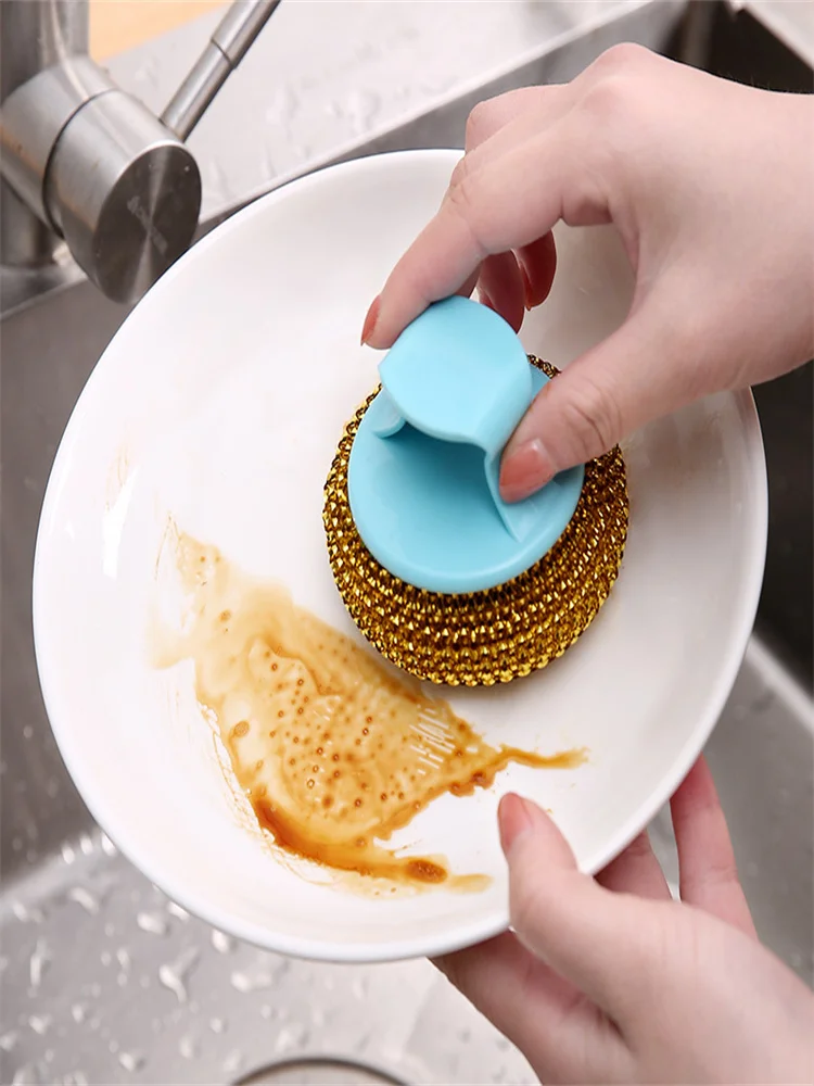 

Steel Wire Ball With Plastic Handle Dishwashing Pot Brush Non-Stick Oil Strong Decontamination Cleaning Brush Kitchen Accessory