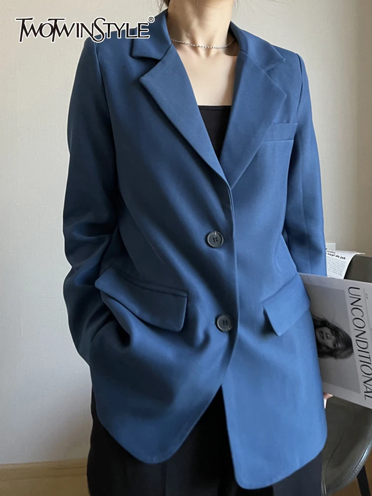 

TWOTWINSTYLE Casual Minimalist Blazers For Women Notched Collar Long Sleeve Patchwork Button Vintage Blazer Female Clothing 2023