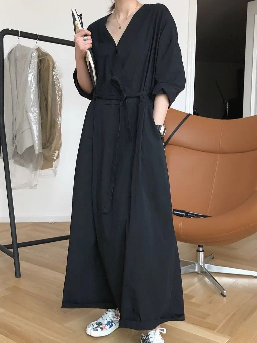 Women Jumpsuits Rompers Thin Cotton V-neck Overalls Jumpsuit Long Sleeve Wide Leg Loose Jumpsuit