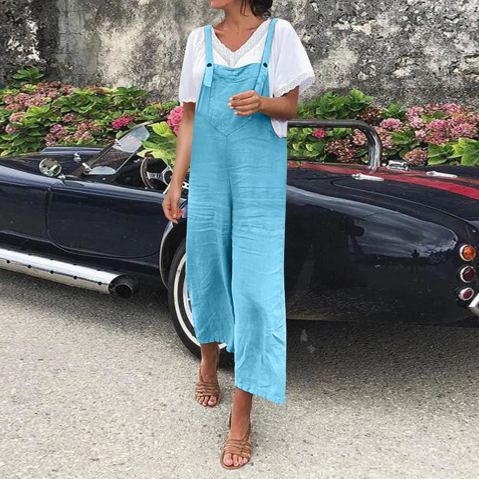 

Womens Summer Straps Tie Back Jumpsuit Dressy Casual High Waist Wide Leg Romper With Pockets Combinaison Femme