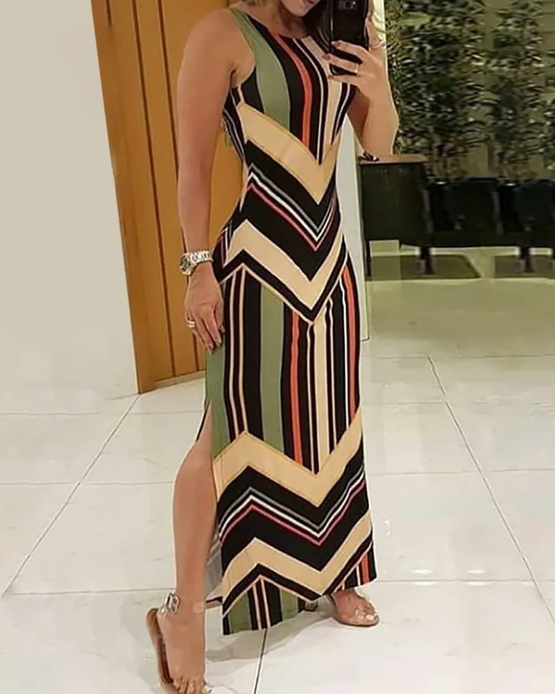 

Women Dress Round Neck Line Colorful Print Slit Sling Sleeveless Fashion Spring And Summer Sexy Slim Fit Long Ankle Dress