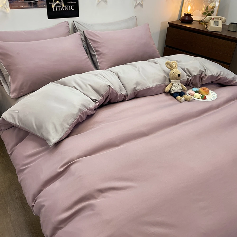 

Nordic Simple Quilt Cover and Sheet Pillowcase AB Double Sided Design Bean Paste Solid Color 3/4 Piece Set Home Bedding Set