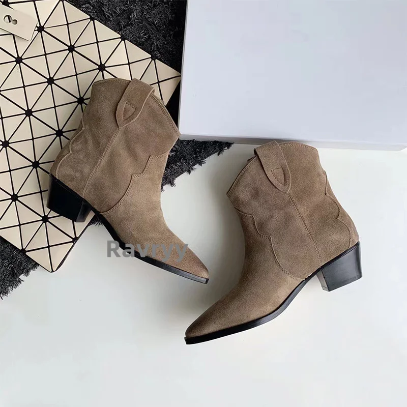 Vintage Suede Chunky Heels with Pointed Toes Ankle Boots for Women Chelsea Autumn/winter Versatile Boots For Women Khaki Boots