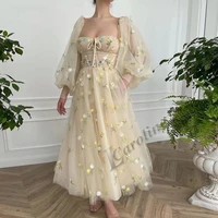 caroline fairy pastrol appliques evening dress long puff sleeves embroidery a line tulle tea length prom party gowns custom made