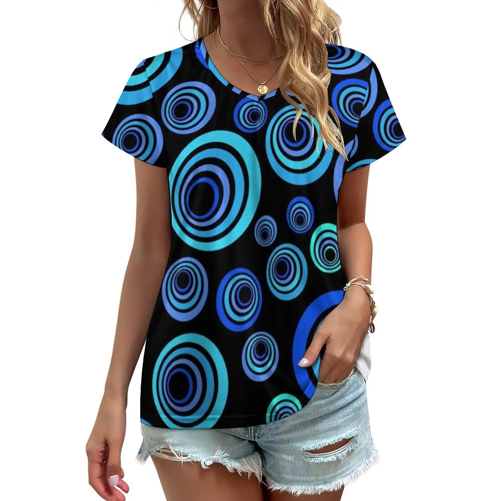 

Pretty Blue Circles T-Shirt Retro Pop Art Harajuku V Neck T-Shirts Short Sleeve Casual Tee Shirt Summer Print Top Tees Big Size