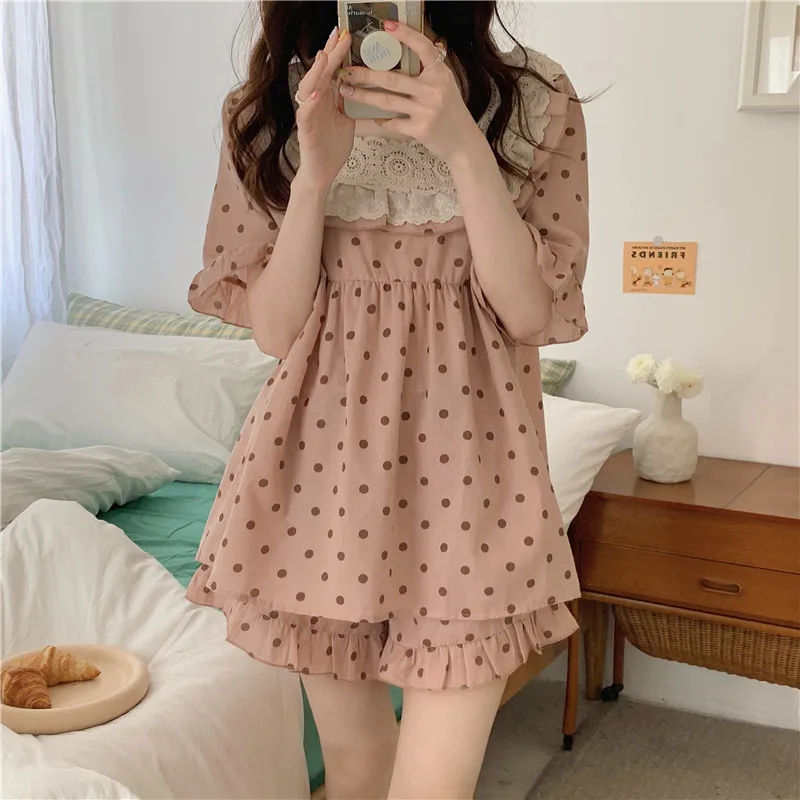 

Summer Lacework Polka Dot Pajama Set Short Sleeve Tops Shorts Suit Pijamas Pink Home Colthes Student Sleepwear Out Wear D367