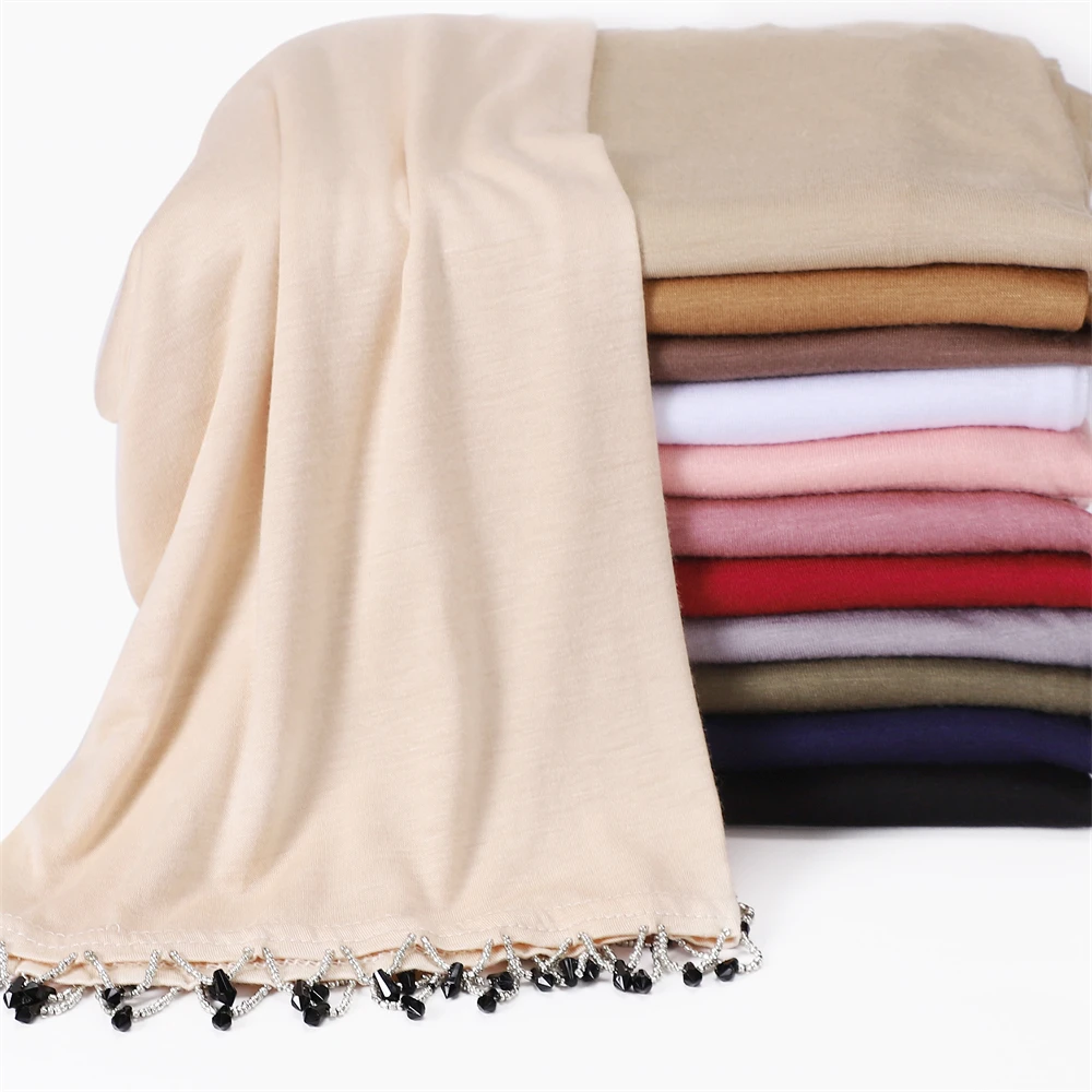 Модный хлопковый трикотажный шарф-хиджаб из модала с бисером ручной работы