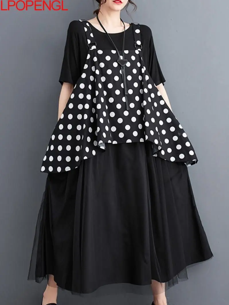 

Женское винтажное платье в горошек, свободный сетчатый пуловер средней длины на подтяжках с короткими рукавами и круглым вырезом в Корейском стиле на лето