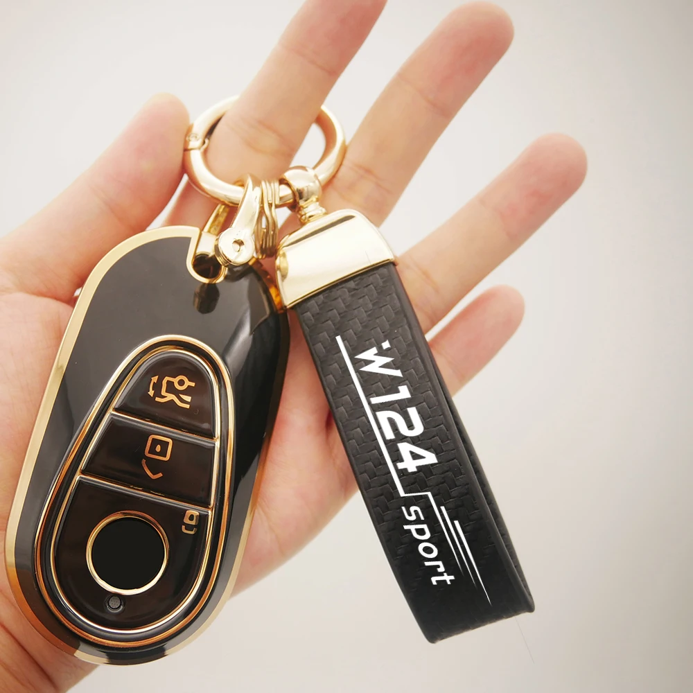 

For Mercedes Benz C E S Class SLK W203 W204 W124 AMG TPU Car Remote Key Case Cover Carbon Fiber Leather Keyring Key Chain
