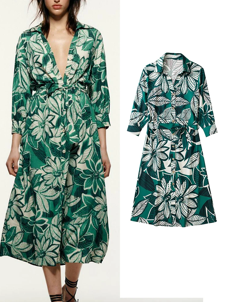 

TFMLN летние женские платья с поясом 2022 элегантное вечернее платье с длинным рукавом с принтом до середины икры Женская Повседневная трапецие...