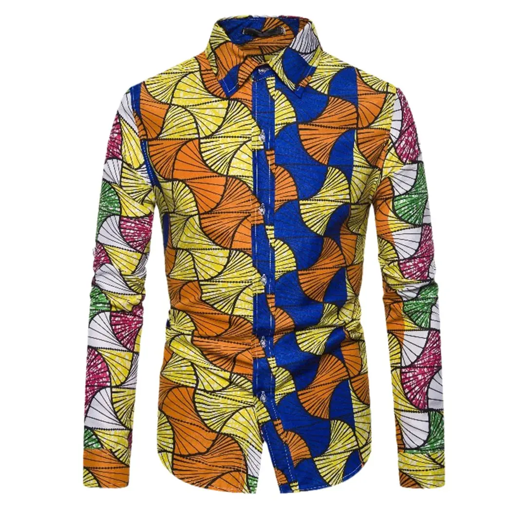 Фото Mens African Print Dress Shirts Cause and Effect Pattern Button Press Long Sleeve Shirts Mens African Long Sleeve Shirts №5
