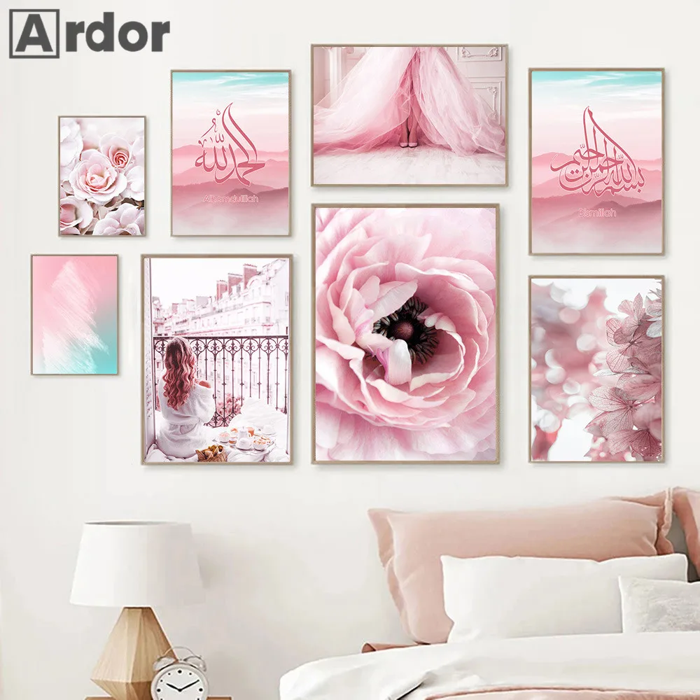 

Pink Islamic Calligraphy Posters Rose Canvas Painting Balcony Girl Poster Flower Art Print Nordic Wall Pictures Bedroom Decor