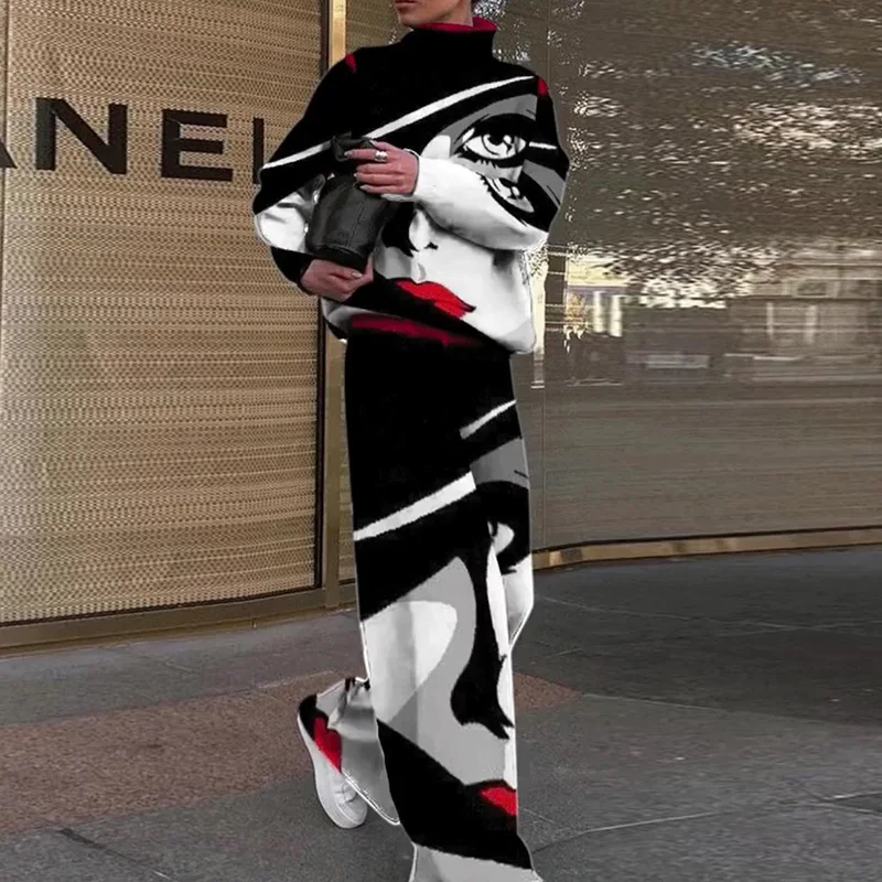 

Casual Two Piece Outfits Graffiti Printing Sweatshirt Suits Women Streetwear Turtleneck Top + Wide Leg Pants Tracksuit 2 PC Sets