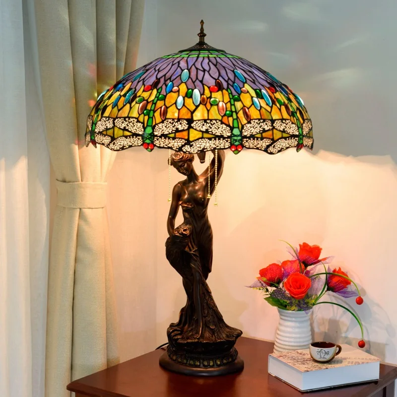 

American classic retro dragonfly table lamp Tiffany stained glass villa living room bedroom bar porch Peacock decorative lamp