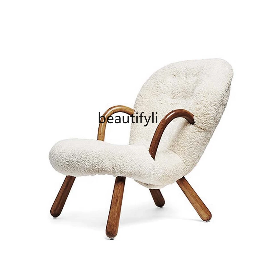 

yj Nordic Modern Minimalist Solid Wood Horn Lamb Wool Leisure Chair Walnut Color Armrest Couch