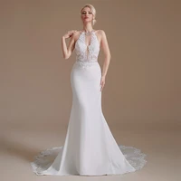 halter satin mermaid wedding dress sleeveless backless lace appliques bridal gowns sweep train customized robe de mari%c3%a9e