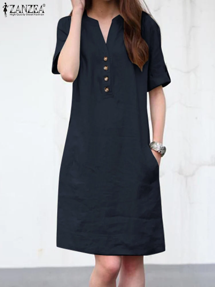

ZANZEA Summer Women Elegant V Neck Half Sleeve Sundress Vintage Cotton Beach Vestidos Kaftan Solid Knee-length Dress Roe Femme