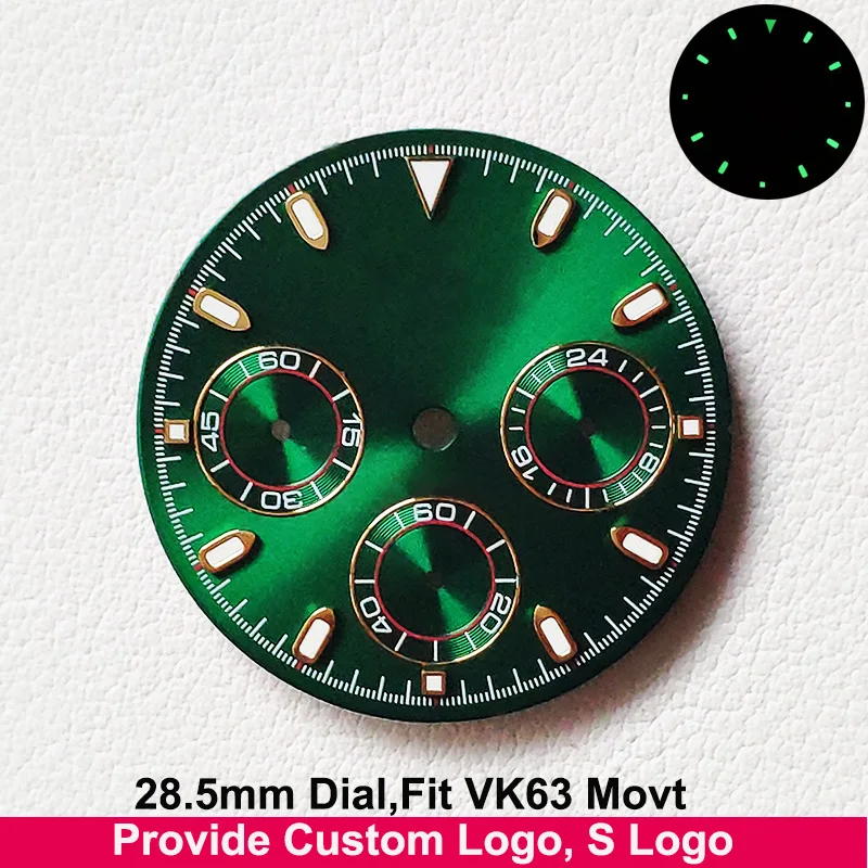 VK63 Movement Dial 29mm Modified By R Logo DNT Series Watch Customize S Or Your Own Logo Dials Green Luminous Men Watches Parts