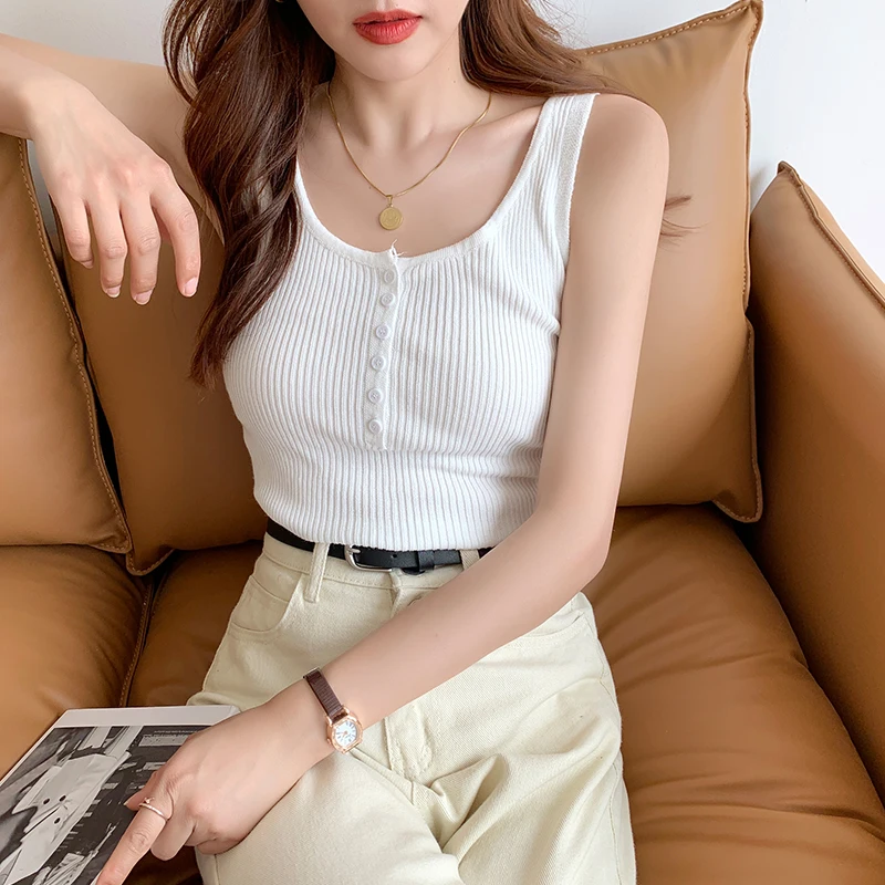 Трикотажный жилет с поясом женская летняя одежда белый костюм черными