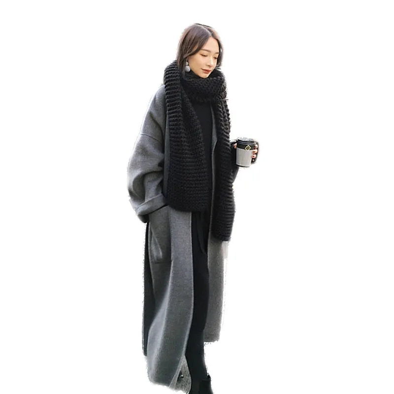 Fall Winter Warm Women Coat Retro Long Wool Coat Loose Casual with Belt Gray Coat Jackets Outwear Office Lady