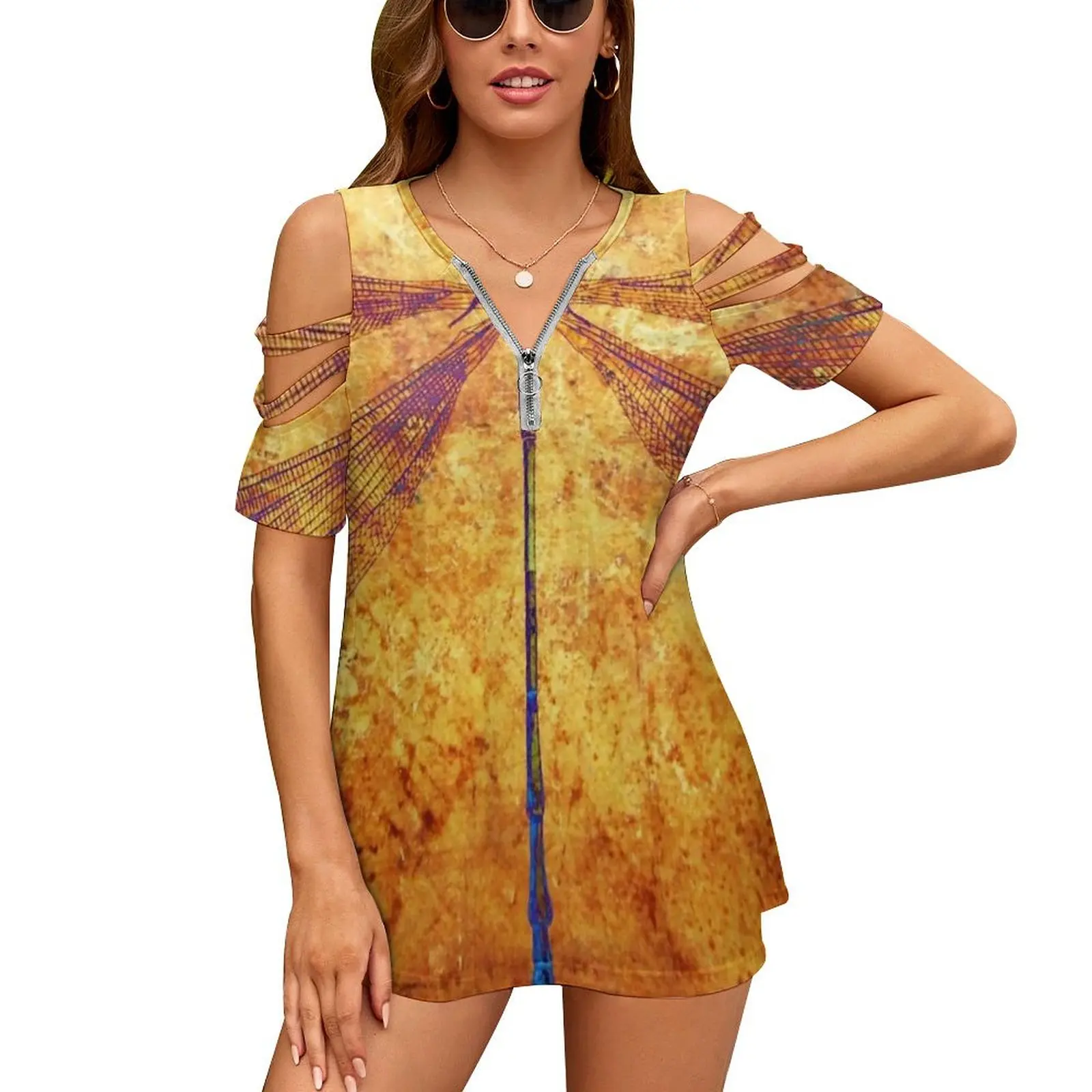 

Женская футболка с рисунком стрекозы в Янтарном стиле, новая модная футболка с V-образным вырезом и принтом в виде стрекозы