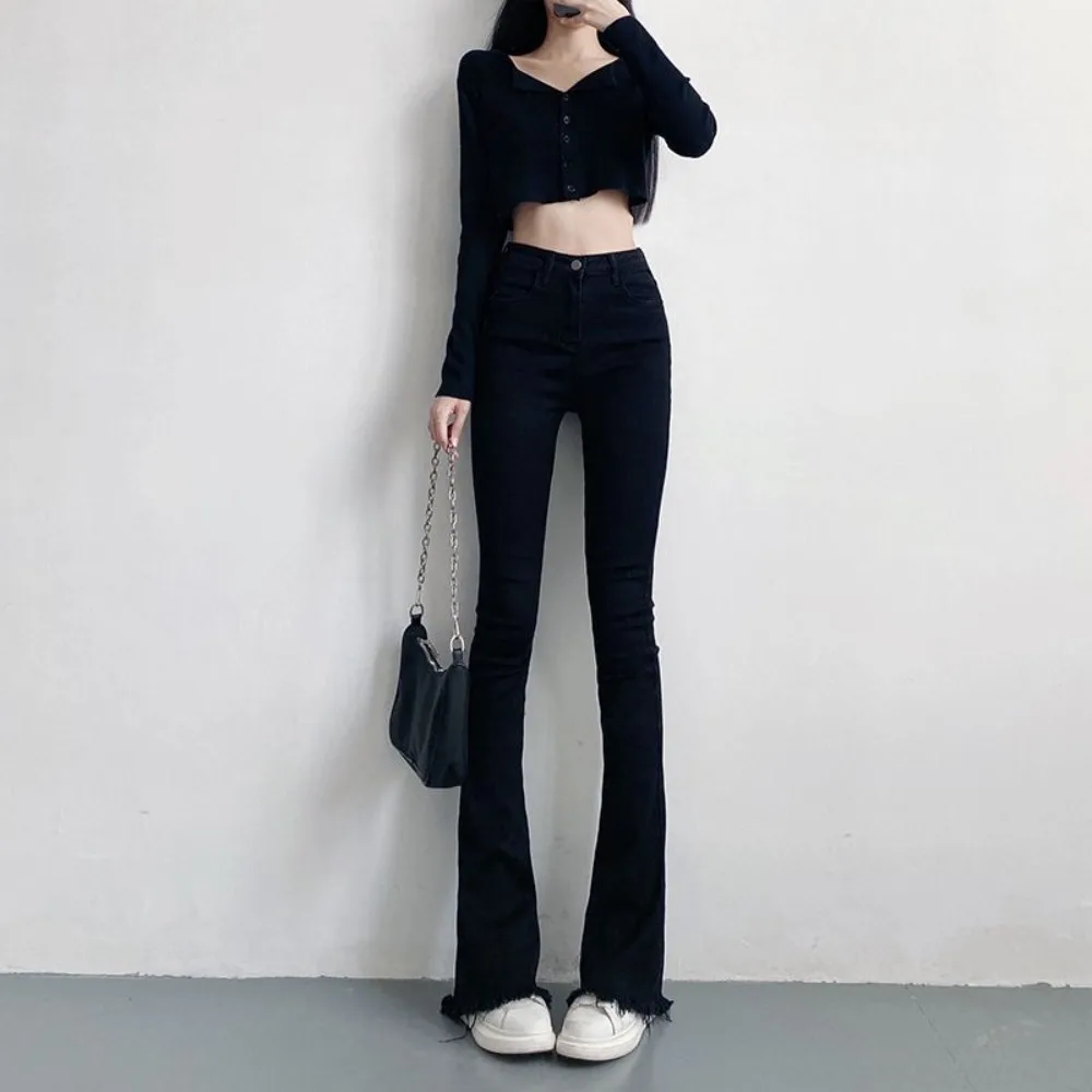 Узкие Эластичные черные женские джинсы повседневные брюки-клеш с высокой талией