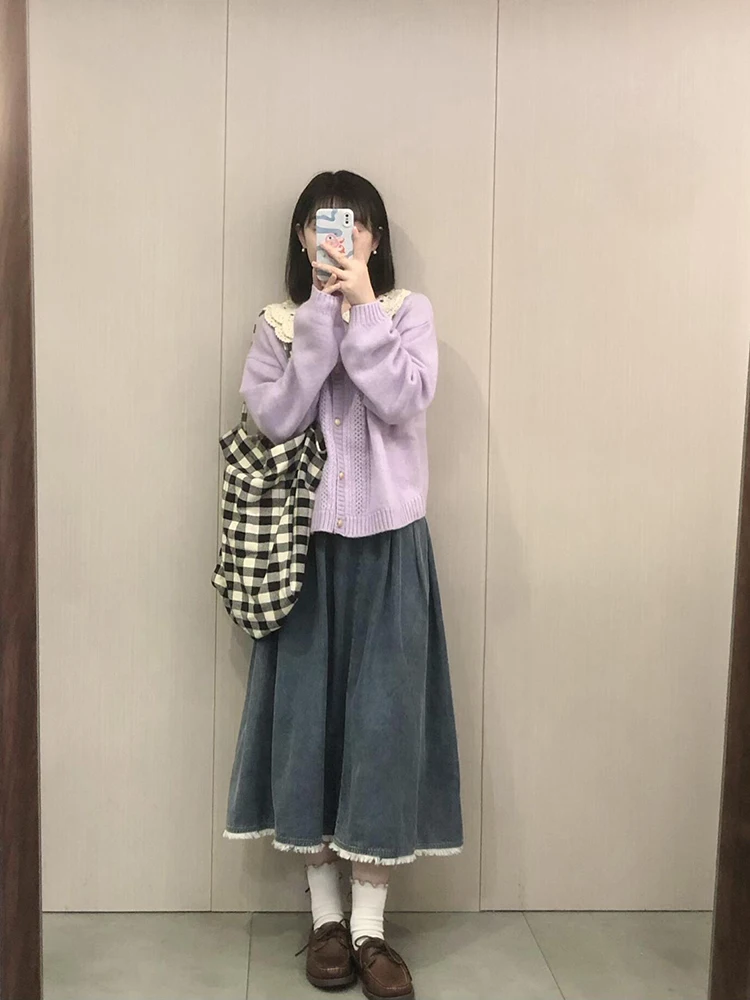 Французский стиль ретро кукольный воротник ажурный фиолетовый свитер верхняя