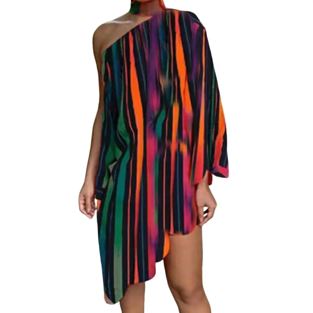 

Sexy Dress Women One Shoulder Skew Collar Single Long Sleeve Dress Asymmetrical Ruffle Trim Dress Peacock Print Halter Dress