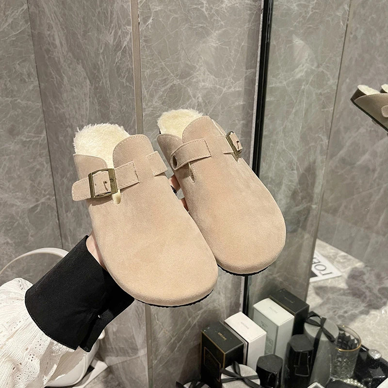 

Spring Autumn New Solid Color Baotou Metal Button Decorative Women's Slippers 2023 Round Head Comfortable Fur Flat Shoes Women