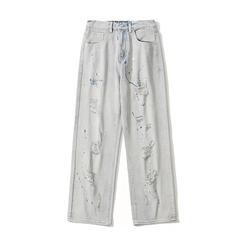 Men Jeans American Style High Street Ripped Retro Ink Splash Loose Jeans Y2k Pants Men Korean Fashion Streetwear Jeans Aestethic